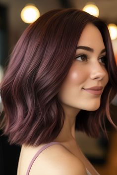 Mahogany Plum hair colour, fall hair color idea Plum Brown Balayage, Medium Plum Hair, Plum Auburn Hair Color, Dark Burgundy Ombre Hair, Deep Burgundy Hair Color Short, Purple Hue Hair, Mushroom Mulberry Hair Color, Hair Colour For Deep Winter, Chocolate Purple Hair Color