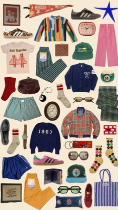 an assortment of clothing and accessories are arranged on a white background, including socks, hats, sunglasses, shoes, and other items