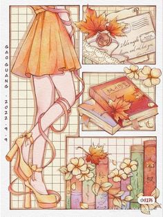 a drawing of a woman in orange dress and heels with flowers on her head, holding books