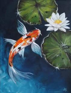 a painting of a koi fish and lily pads