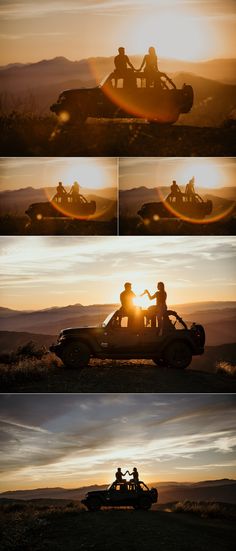 the silhouettes of two people riding in an off - road vehicle at sunset or dawn