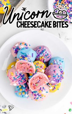 unicorn cheesecake bites in a white bowl with sprinkles on the side