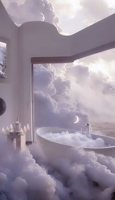 a bath tub sitting in the middle of a bathroom surrounded by clouds