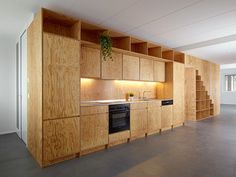 an empty kitchen with wooden cabinets and shelves