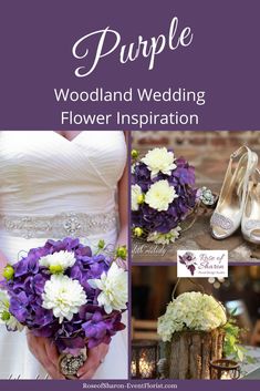 purple and white wedding flowers are displayed in this collage with the bride's bouquet