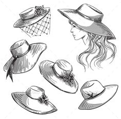 four hats with long hair are shown in black and white