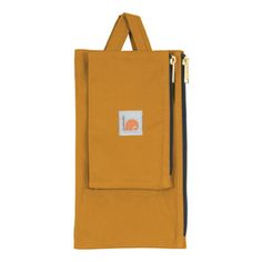 an orange pouch with a black zipper on the side and a white logo on the front