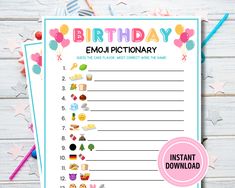 birthday emojtionary printable game with balloons and confetti on it