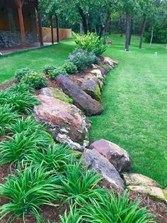 a garden with grass, rocks and plants in the foreground is an outdoor area