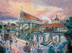 a painting of a train station with people walking around