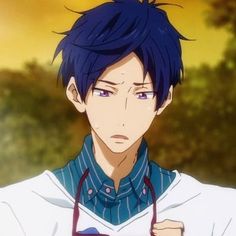 an anime character with blue hair wearing a white shirt and holding a red object in his hand