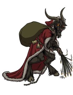 a demon with horns and chains on it's back, holding a bell in his hand