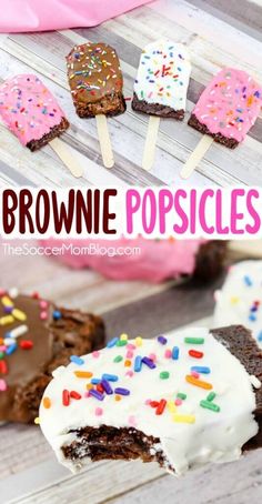 brownie popsicles with chocolate frosting and sprinkles are on a table