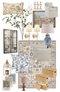 a collage of furniture and decor in shades of blue, beige, and white