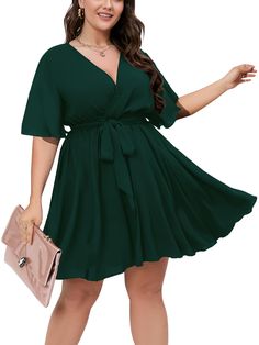 PRICES MAY VARY. Material: Plus size skater dress for women is made of soft, lightweight and flowy fabric to keep you relaxed all the day. The belted cute dress would make a nice addition to your wardrobe, remember not only wear it for once Show Your Feminine: The plus size summer dress's style is deep v neck short sleeve a line short dress, elegant and sexy. Together with the design of ruffle sleeves,waist belt and flowy skater hem,which gives the plus size dresses for curvy women a personality Nice Clothes For Women, Plus Size Mini Dress, Short Dress Elegant, Dresses For Curvy Women, A Line Short Dress, Summer Dresses Short, Plus Size Skater Dress, Plus Size Short Dresses, Dresses Short Sleeve