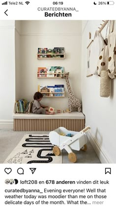 a kid's room with toys on the floor and shelves in the wall above it