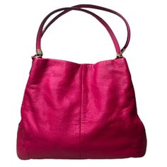 Vintage Coach Madison Phoebe Tumbled Fuchsia Leather 3 Section Shoulder Bag Coach Madison Phoebe Tumbled Hot Pink Leather 3 Section Hot Pink Lining Shoulder Bag Coach Fuchsia Leather Triple Section Full Zipper Magnetic Close Hobo Shoulder Bag With Hot Pink Interior Lining Tumbled Leather Two Shoulder Strap Bag With Three Distinct Compartments Magnetic Top Closure On Two Sections And Zipper Top Closure On One Section Condition: Near Mint Condition, Vintage - Slight Pen On Leather On Interior Neck Of Bag Color: Hot Pink Tumbled Leather, Hot Pink Interior Lining, Gold Hardware Vintage Coach Bag Compartments: Middle: One Large Full Zipper Center Compartment. Shallower Than Two Side Compartm Pink Bags With Leather Lining For Daily Use, Pink Bags With Leather Lining For Everyday Use, Everyday Pink Bags With Leather Lining, Pink Everyday Bags With Leather Lining, Pink Leather-lined Satchel Bag, Pink Textured Leather Shoulder Bag For Travel, Pink Leather Shoulder Bag With Leather Lining, Pink Leather Bags With Leather Lining, Pink Satchel Shoulder Bag With Leather Lining