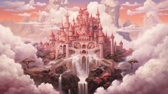 a castle in the clouds with waterfall and trees on it, surrounded by pink clouds