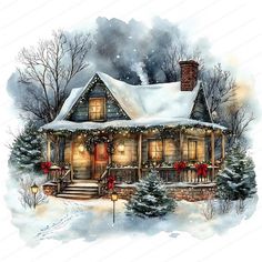 a painting of a house with christmas lights on the front porch and trees in the snow