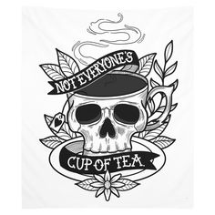 a skull wearing a hat and holding a cup of tea