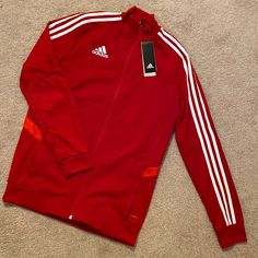 Nwt Adidas Full Zip Track Jacket, Youth Size Xl(15/16) Red. Smoke And Pet Free Home Sporty Red Winter Top, Red Outerwear For Sports In Fall, Red Sporty Winter Top, Red Cotton Track Jacket For Fall, Red Sportswear Tops For Winter, Sporty Red Track Jacket For Winter, Casual University Red Track Jacket For Winter, Red Sportswear Outerwear For Fall, Red Sporty Track Jacket For Winter