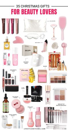 christmas gift guide for beauty lovers with pink and white items on the bottom right hand corner