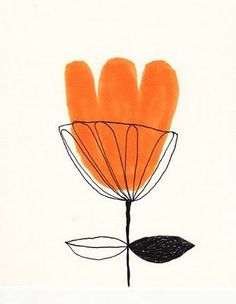 an orange flower on a white background with black lines and leaves in the center, drawn by hand