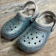 New Without Tags. Size Y3. Blue/Silver Glitter With Fuzzy Inside. Shoes Crocs, Crocs Shoes, Silver Glitter, Blue And Silver, Kids Shoes, Color Blue, Glitter, Tags, Silver