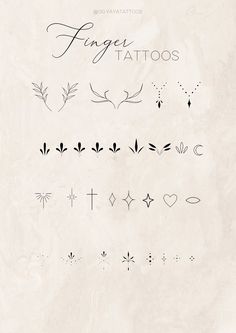 an image of some tattoos on a white background with the words finger tattoos written in cursive writing