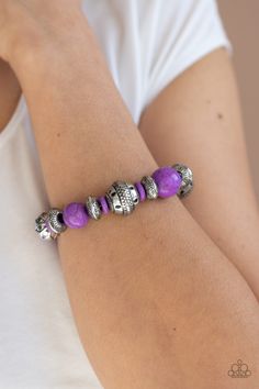 A collection of vivacious purple stones and ornate silver beads are threaded along stretchy bands around the wrist for a seasonal flair.

 Sold as one individual bracelet. Squirrel Jewelry, Purple Bracelet, Silver Bead Bracelet, Paparazzi Accessories, Purple Stones, Silver Beads, Pandora Charm Bracelet, Charm Bracelet, Beaded Bracelets