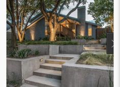 concrete steps lead up to a house with trees in the background at dusk, near grass and bushes