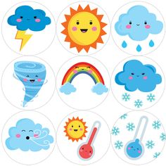 stickers with different weather symbols and clouds on the top one has a rainbow, sun, cloud, snowflakes, and rain