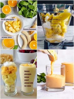 orange juice being poured into a blender filled with fruit and other ingredients to make an orange smoothie