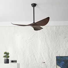 the ceiling fan is hanging from the ceiling in front of a painting and vases