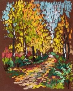 a painting of trees and benches on a path