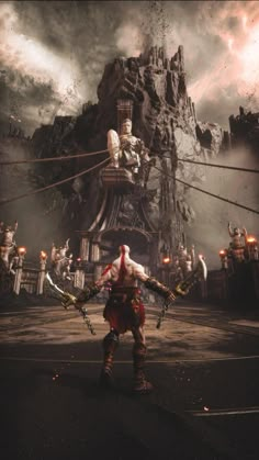 an image of a man standing in front of a giant structure with many arms and legs