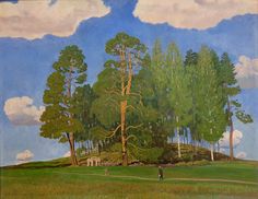 a painting of people walking in a field with trees on the hill and blue sky above