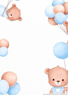 a watercolor painting of a teddy bear holding blue and pink balloons in the air