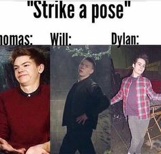 two men are standing next to each other in front of a sign that says strike a pose thomas will dylan