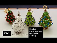 beaded christmas tree ornament earrings are shown in three different colors and sizes