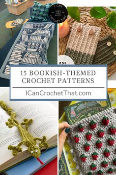 crochet books with text overlay that reads 15 bookish - themed crochet patterns