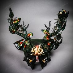 Antler Deer Horn Devil Woodland Forest Halloween Masquerade Mask - Green Gold @Usm-M39510-Bkgo Red Masquerade Mask, Forest Halloween, Masquerade Mask Black, Jester Mask, Gold Masquerade Mask, Ball Outfit, Luxury Mask, Venetian Masquerade Masks, Devil Mask