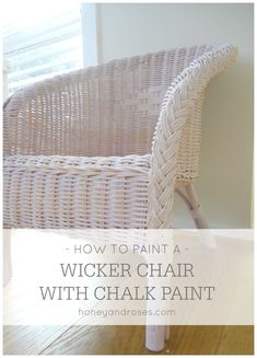 a wicker chair with chalk paint on the floor and text overlay that reads, how to paint a wicker chair with chalk paint