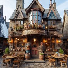 an outdoor restaurant with lots of tables and chairs in front of the building that has many potted plants on it