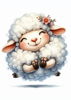 a cartoon sheep with a flower on its head is jumping in the air and smiling