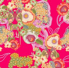 a pink background with flowers and swirls