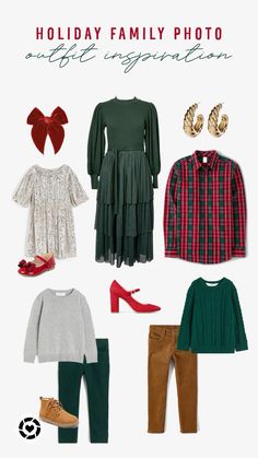 holiday family photo with green and red clothes, plaid shirt, sweater, pants, high heeled shoes