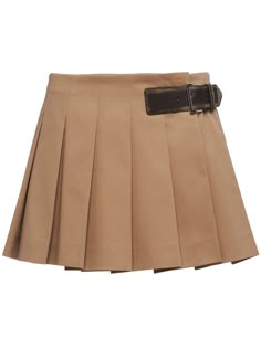 light brown cotton enamel triangle logo fully pleated side buckle fastening thigh-length Prada Skirt, Leather Kilt, Christian Louboutin Women, Brown Skirts, Dr Closet, Triangle Logo, Cotton Skirt, Womens Clothing Sizes, Kilt