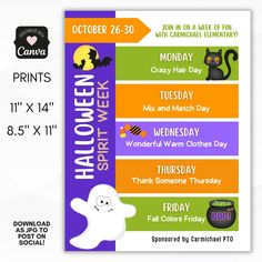 spirit week flyer template for halloween Fun Office Activities, Spirt Halloween, Spirit Weeks, Pta Events, Office Activities, Spirit Days, No Tricks Just Treats, School Pto