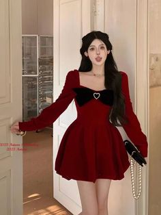 Mqtime Women's Red Velvet Dresses Square Collar Long Sleeve Bow Heart Design Mini Dress Autumn Winter Female Party Dress Christmas Red Velvet Dresses, Party Dress Christmas, Chiffon Ruffle Dress, Red Velvet Dress, Velvet Dresses, Dress Christmas, Dress Autumn, Christmas Party Dress, Chiffon Ruffle